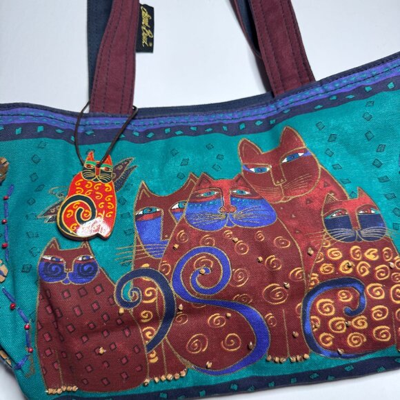Laurel Burch Cat Feline Shoulder Tote Bag Beaded Sun N Sand Zipper Colorful Art - Picture 9 of 16